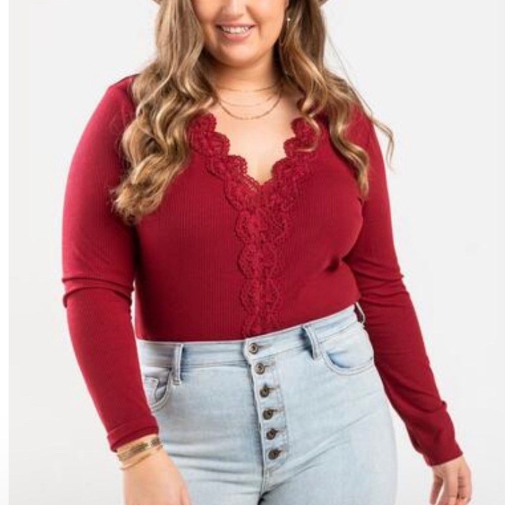 Blue Rain, Kellie Ribbed Crochet Bodysuit, 1x, Red, Worn Once